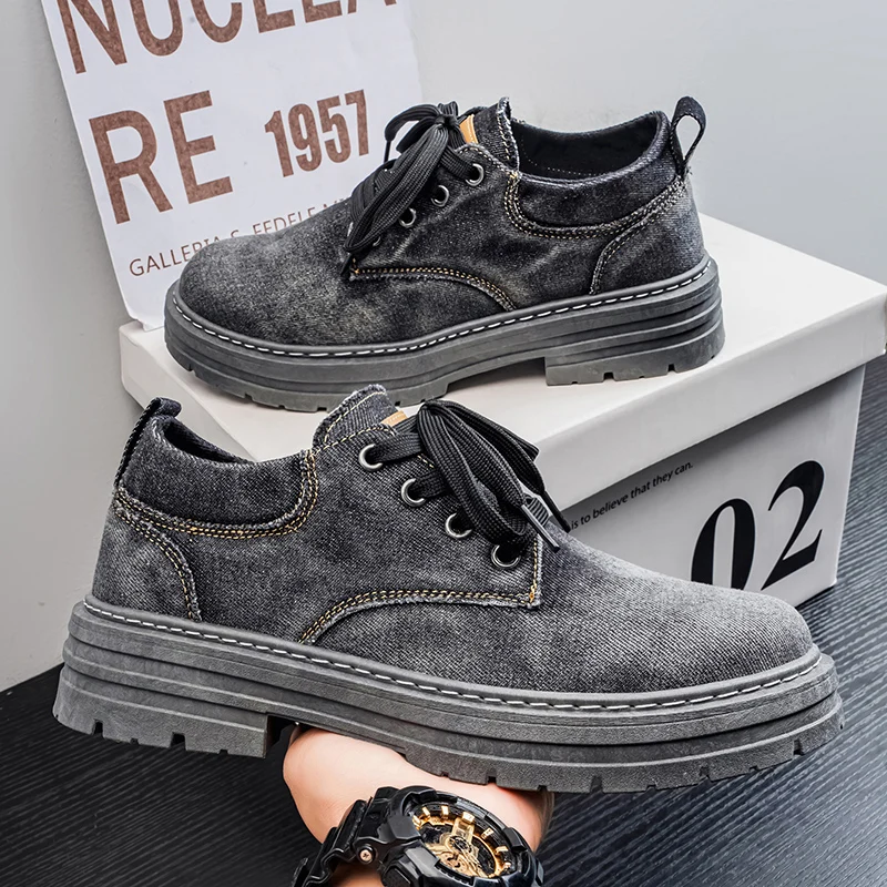 

Новые демисезонные мужские джинсовые ботинки в британском ретро-стиле, на толстой подошве, больших размеров, универсальные низкие повседневные полуботинки, модные и прочные повседневные туфли