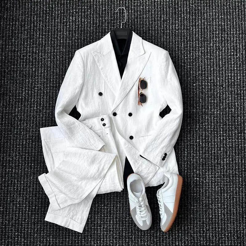 Unstructured Double-breasted Linen Suit Men's Casual Business Suit