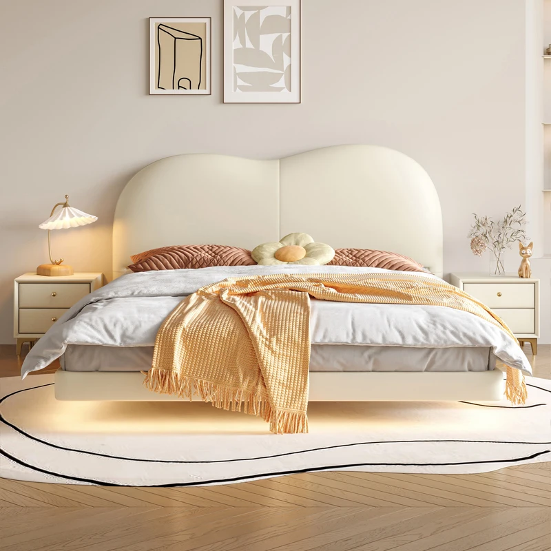 

Minimalist Beige Double Bed Frame Design Unique White Japanese Modern Double Bed Storage Wooden Cama Individual Furniture Home