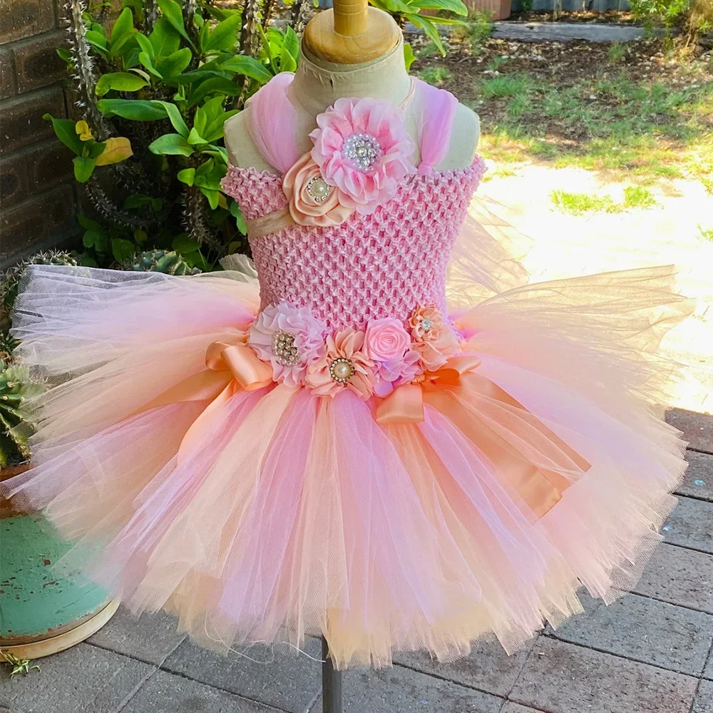 

Pink Peach Flower Girl Tutu Dress Knee Length Girls Birthday Party Tulle Princess Dress Ball Gown Holiday Perform Costume