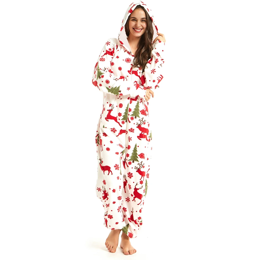 HEZIOWYUN Women\'s Christmas Zipper Pajamas Oneseies Jumpsuit Reindeer/Snowflake Print Long Sleeve Hooded Nightwear with Pockets