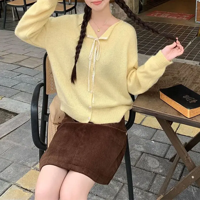 

Gentle Stylish Lace Drawstring Sweaters Female Clothing Solid Color Autumn Winter Loose Aura Half Open Collar Knitted Cardigan