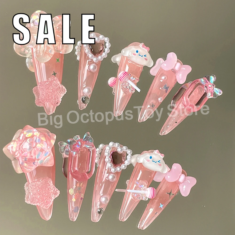 

10Pcs Long Almond Sales Promotion Sanrio Cinnamoroll False Nail Sweet Style Bowknot Pearl Decoration Wearable Finished Fake Nail