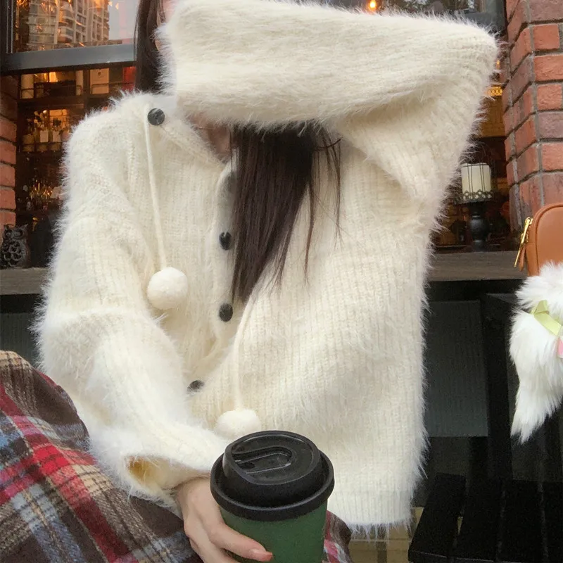 White Knitted Cardigan for Women Autumn and Winter Short Style 2024 New High-end Korean Lazy Style Sweater Jacket image 5