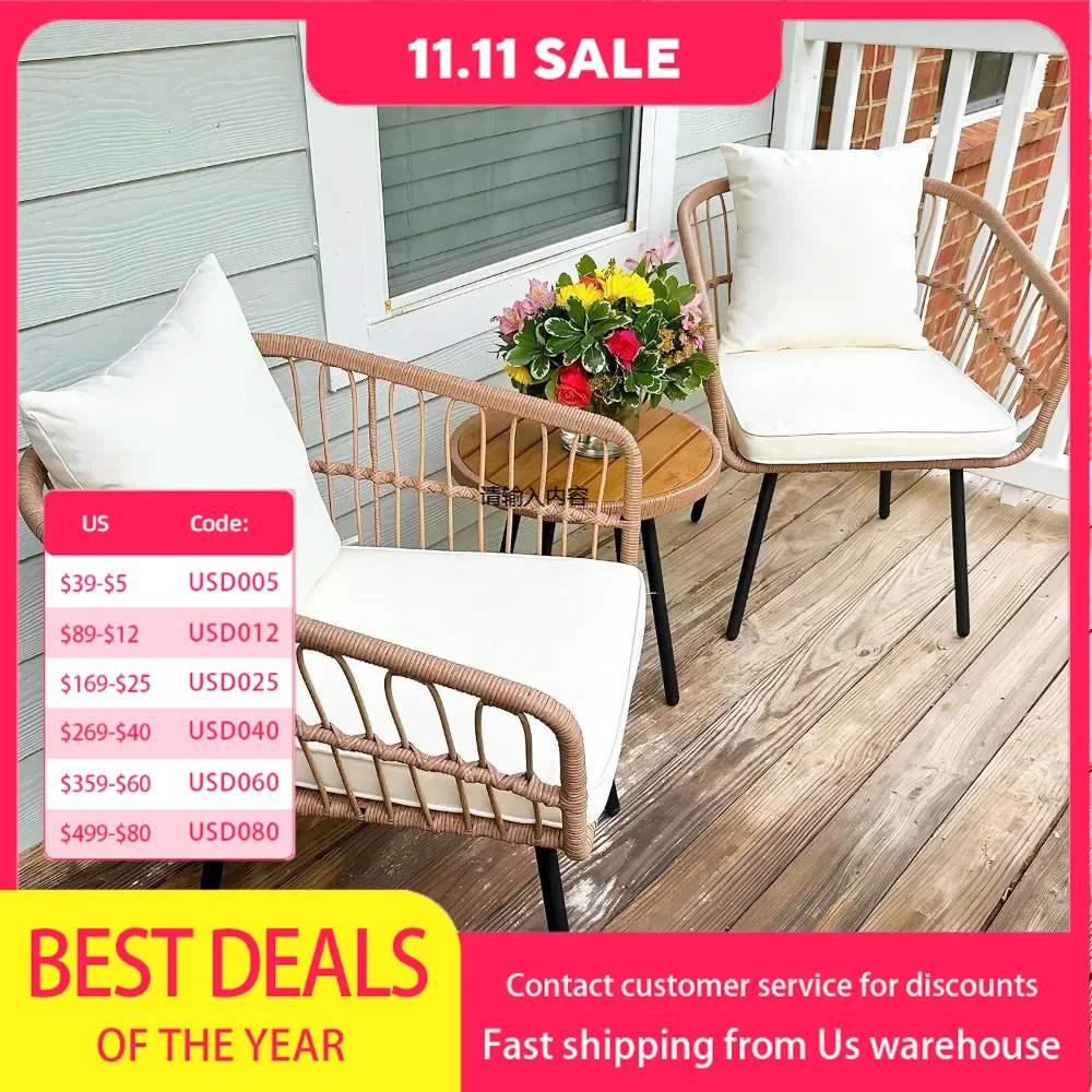 3 Pieces Outdoor Wicker Terrace Conversation Bistro Set, Rattan Patio Furniture Set with Table and Cushions, Terrace, Balcony