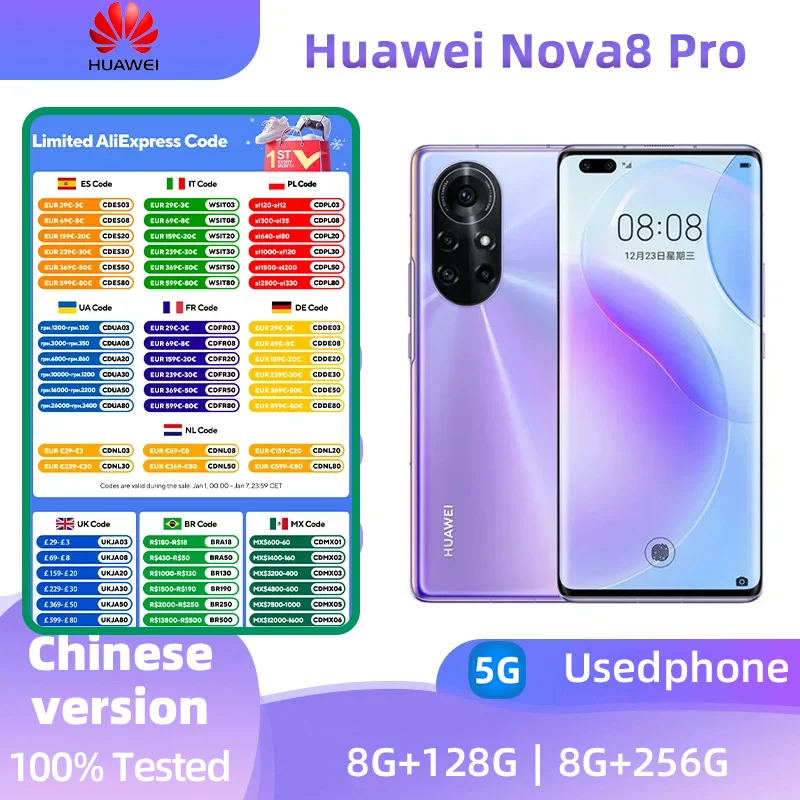 Huawei Nova 8 Pro 5g Mobile Phone Kirin 985 6.72inches OLED Screen 120HZ 64.0MP Camera 66W Super Charger Screen Used Phone