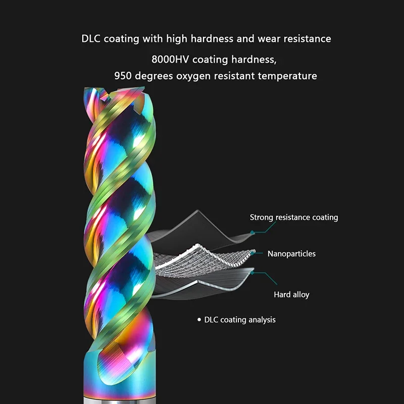 HRC65 Milling Cutter Bits DLC Coating Colorful High Efficiency CNC Multicolour U-Type Flute for Aluminum End Mill Endmills Tungs