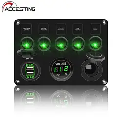 5 Gang Switch Panel Dual USB Port 12V Outlet Combination Waterproof for Car Marine Ship LED Toggle Rocker Switch Panel