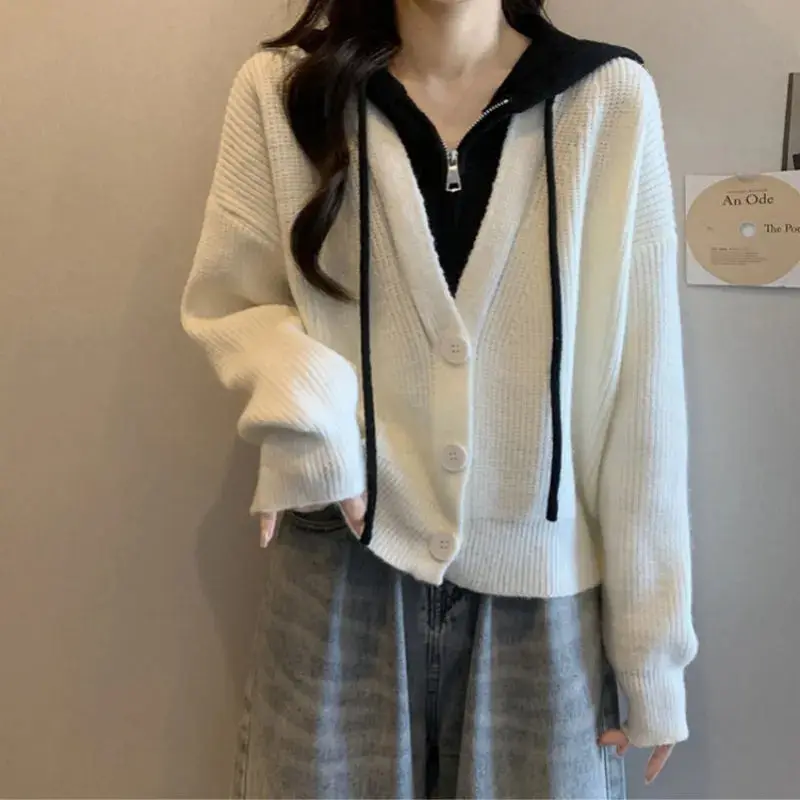 Popular Short Hooded Sweater Jacket Women's Plus Size Slimming Fake Two-piece Knitted Cardigan Top