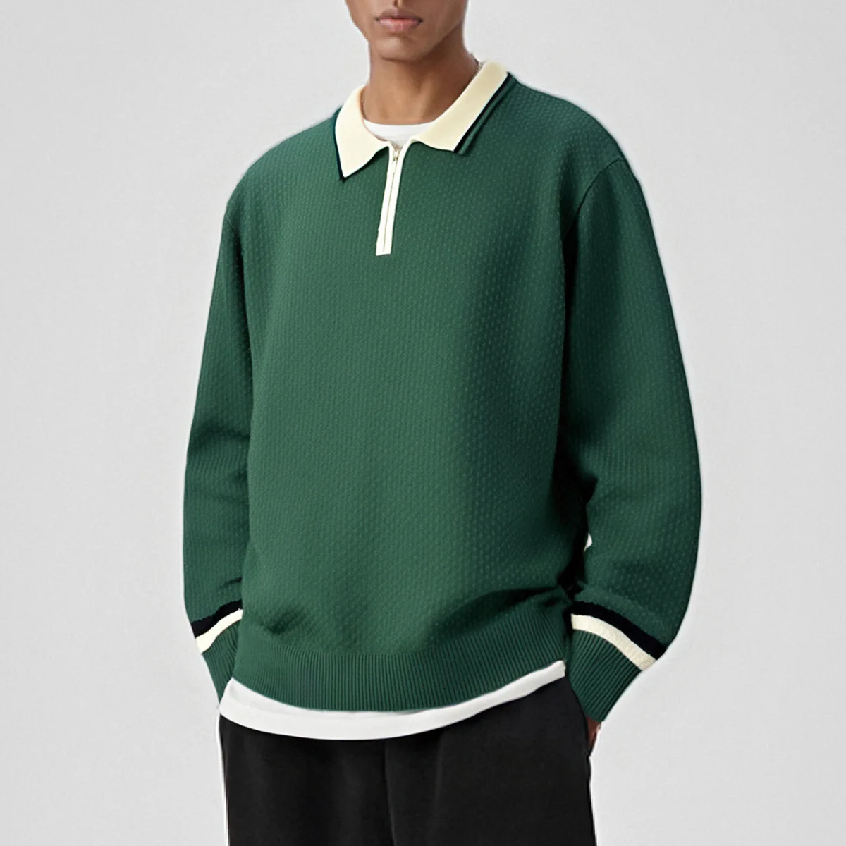 New Men's Knitting Sweater with Zippered Neckline Contrast Color Lapel Design High End Fashionable Style