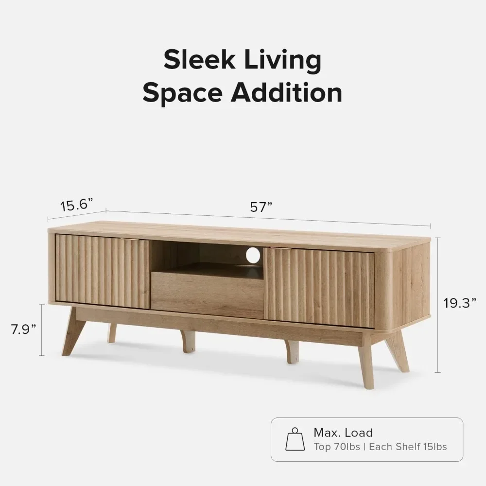 Modern TV Stand, for TVs up to 50” Waveform Panel, Sleek Curved Profile with Adjustable Shelf and Sturdy Box Frame Leg