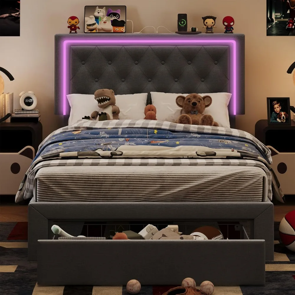 Rangka Tempat Tidur Twin XL dengan Laci Penyimpanan dan Sandaran Kepala yang Dapat Disesuaikan, Rangka Tempat Tidur Berlapis Kain Ukuran Twin XL dengan Lampu LED dan Pengisian Daya