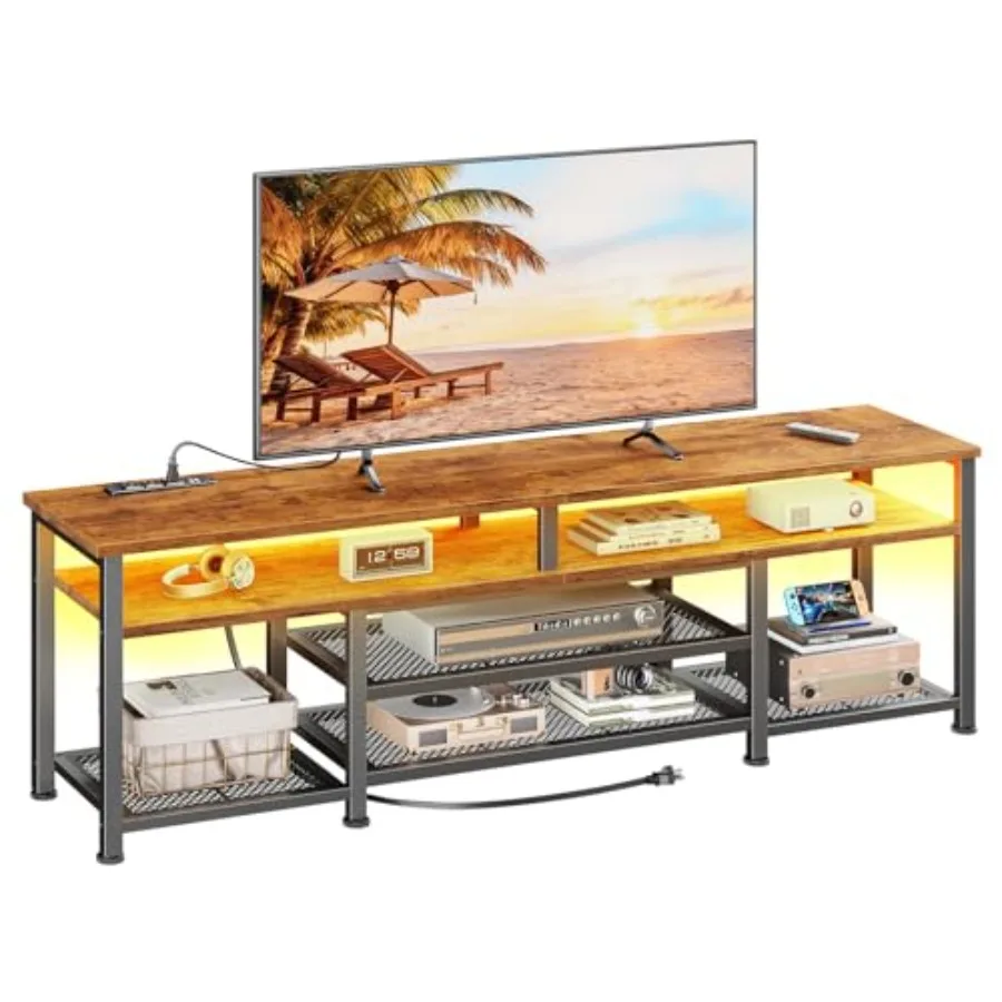 63 Inch TV Stand with Power Outlets and LED Lights for 60 65 70 Inch TVs Rstic Brown Media Console Table with Open Sh