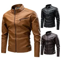 Men's Stand Collar Leather Jacket Motorcycle Lightweight Faux Leather Outwear Racing Jackets Motocross