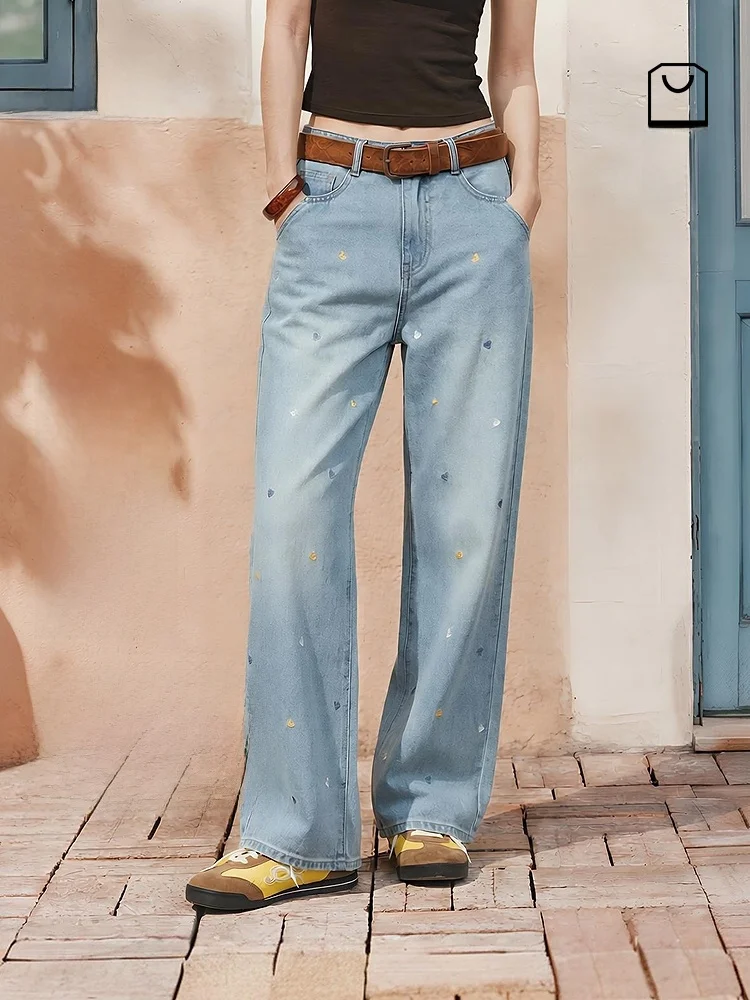 

Semir Women's Summer Embroidered Cool Feeling Wide Leg Jeans Individual Personality Cotton Sweet Style Natural Waist Zipper