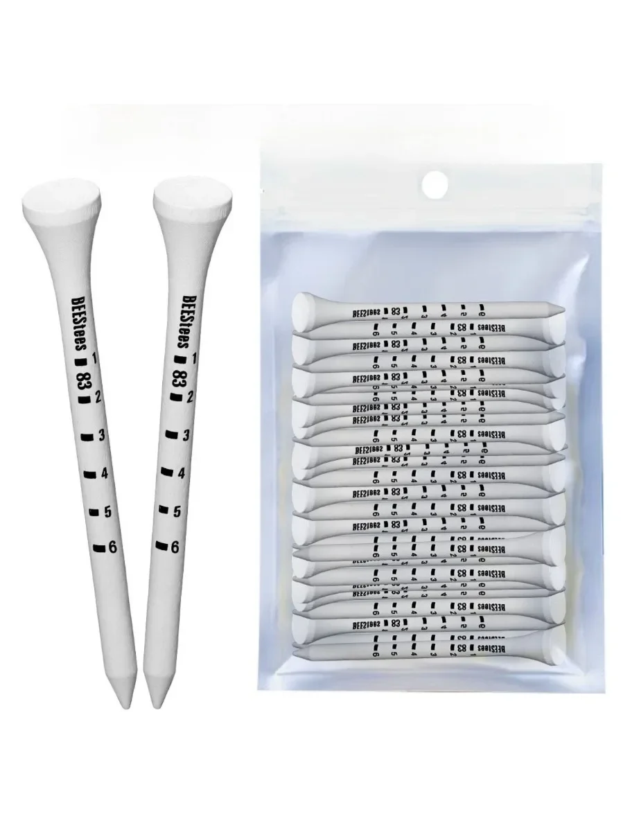50 sztuk bambusowych tee golfowych 83mm biało-czarne z regulacją głębokości, redukcją skrętu bocznego i skalą stopni oporu tarcia. — zdjęcie 2