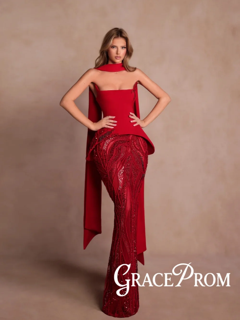 

Fashionable Red Beaded Long Evening Dress With Corset Strapless Luxury Wedding Party Gown Customized Glamorous Red Carpet Gowns