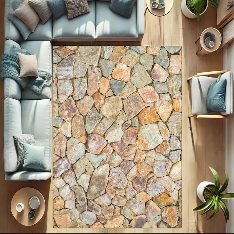 Natural Stone Patterned Carpet Rustic Style Floor Stone Look Decorative Carpet Natural Tones Warm and Comfortable Home Accessory