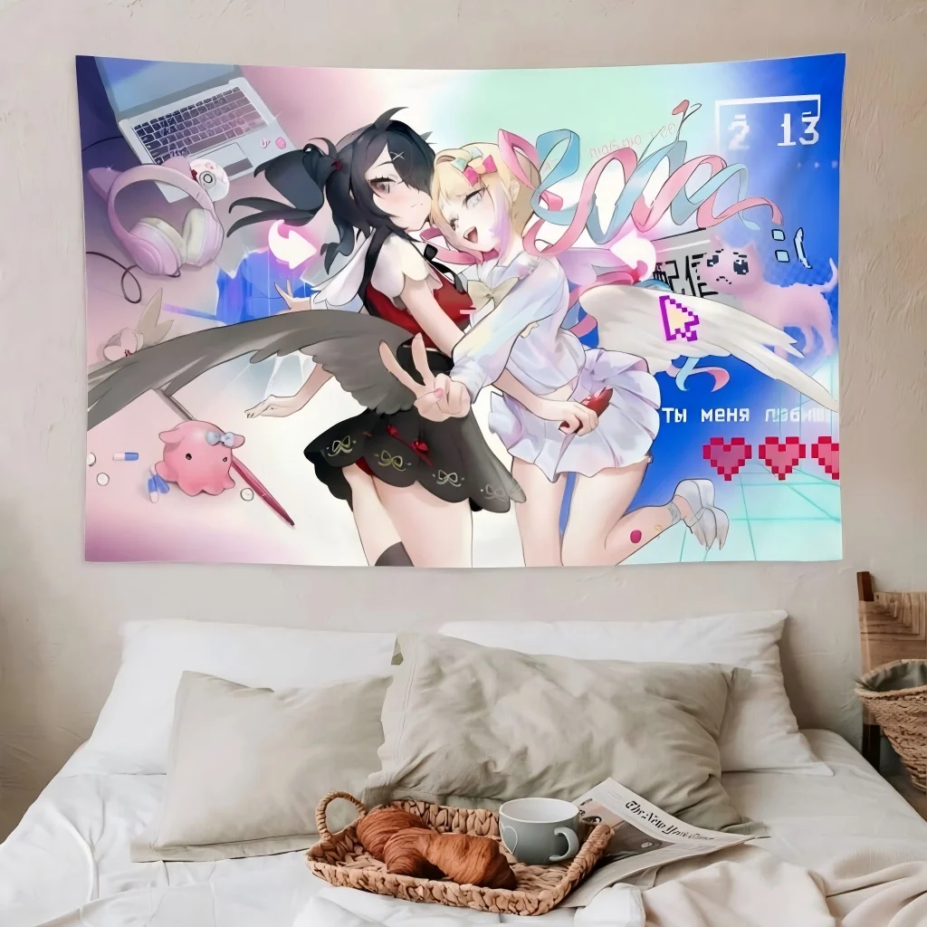 1pc kawaii angel Twin Angel Vtuber Tapestry Pixel Octopus Wing Print Wall Hanging Yami Kawaii Egirl Decor Bedroom Dorm Fans Gift