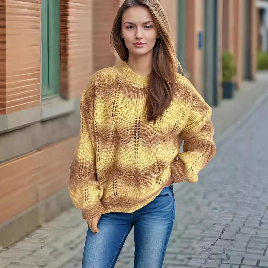 2025 Autumn and Winter New Lightweight Rainbow Gradient Hollow Knitted Round Neck Pullover Sweater for Women 6