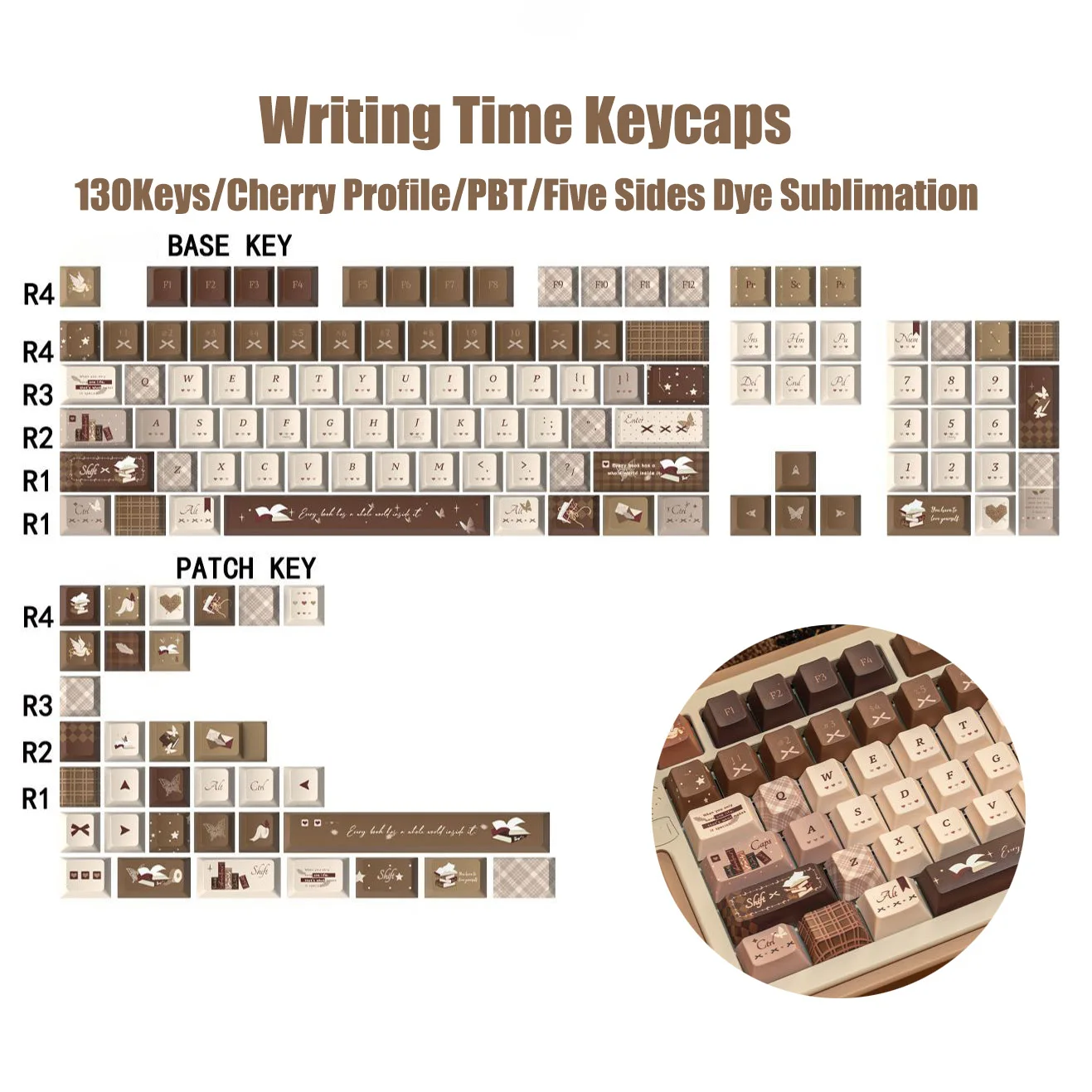 Book of Time Cherry Profile PBT Keycaps 5 Sides Dye Sub Keycaps 130 Keys for Gateron MX Switches Mechanical Gaming Keyboard