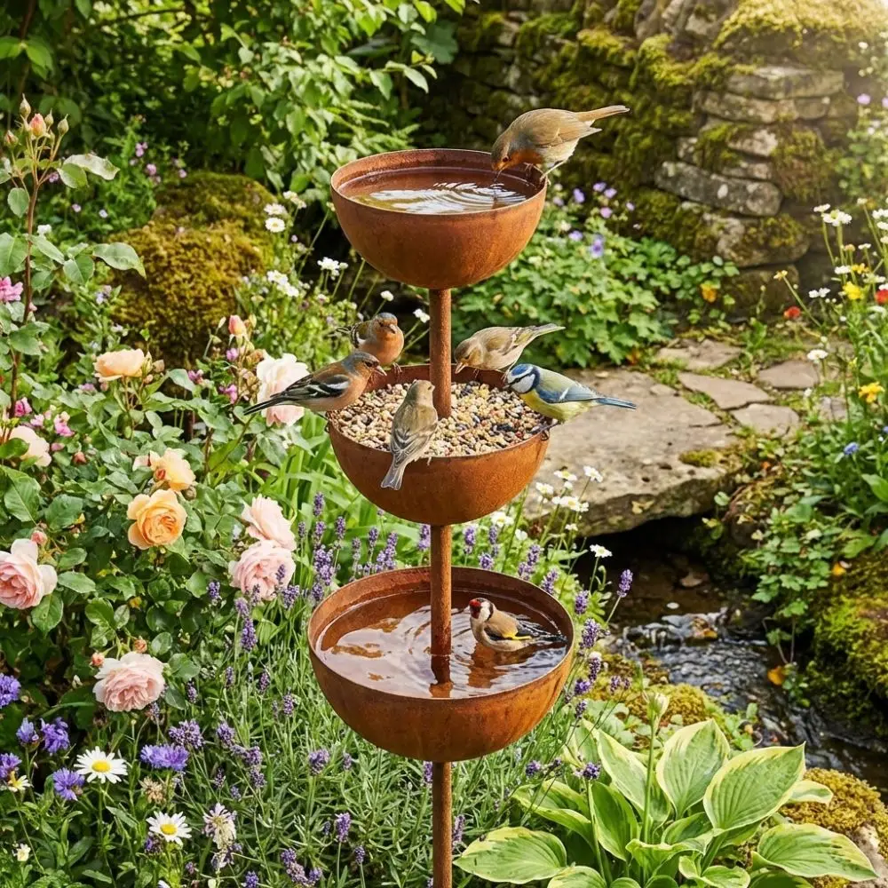 3-Tier Bowl Metal Bird Bath Vintage Iron Decorative Garden Rain Catcher Garden Stake Rusted Birdbath Stand Patio Backyard