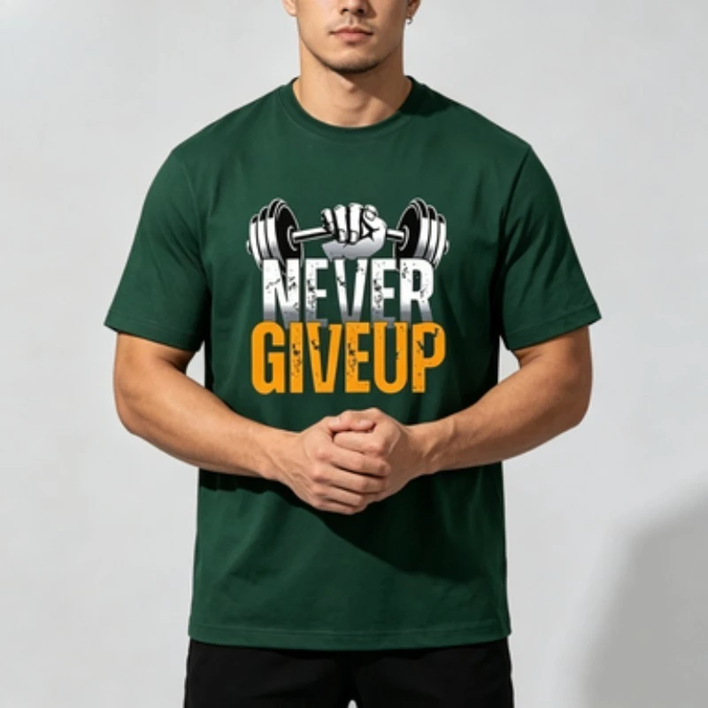 Men 100% Cotton Gym T Shirt NEVER GIVE UP Dumbbell Graphic Print Short Sleeve Workout Casual Male Sports Tee