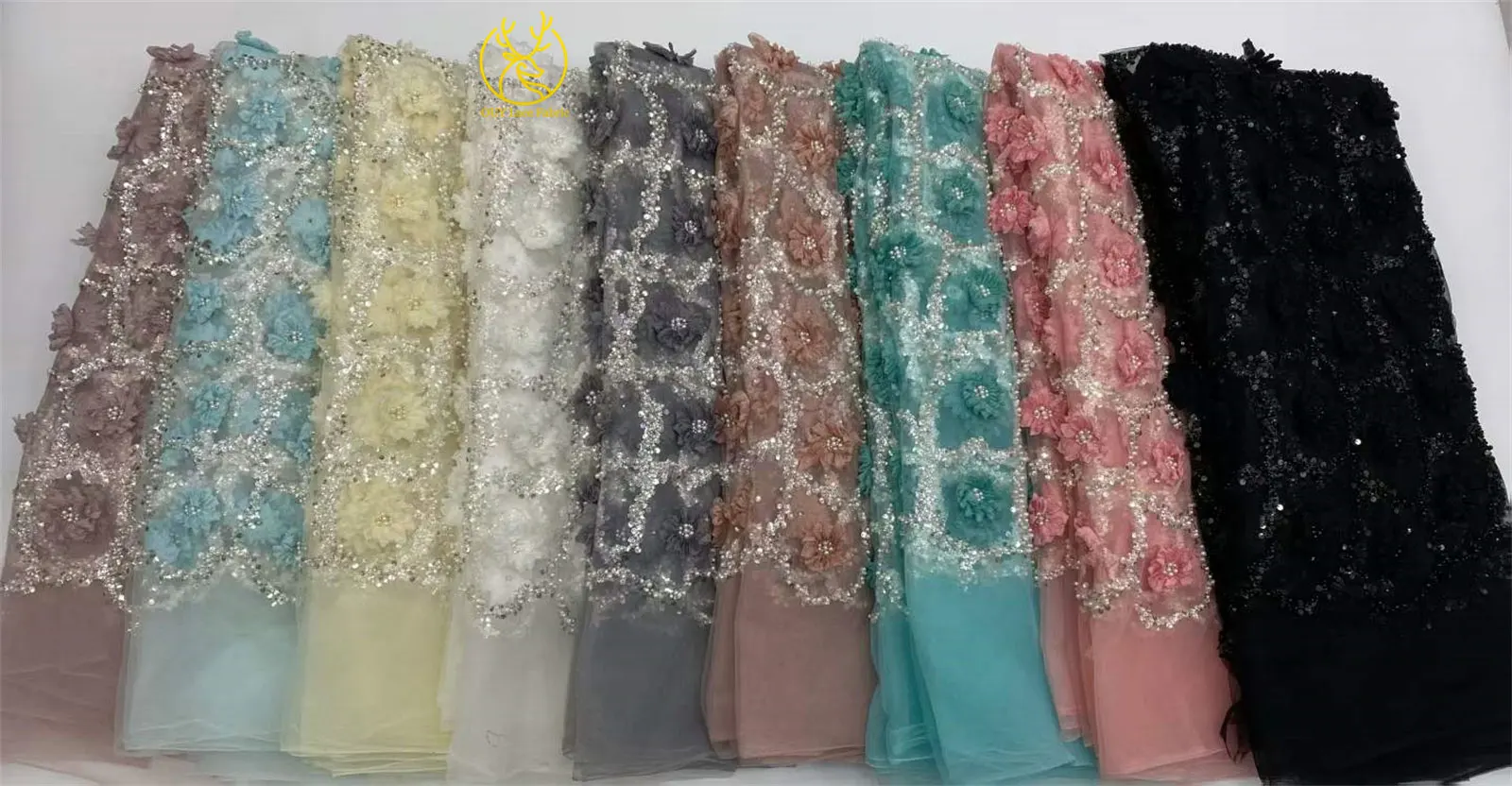 Elegantes Abendkleid 3D-Blumen-Spitzenstoff Afrikanischer Pailletten-Perlen-Spitzenstoff Hochwertiger Nigerianischer Französischer Tüll-Spitzenstoff – Detail 22