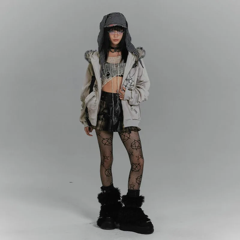 Amerikaanse retro bontkraag konijnenoor sweatshirt met capuchon Y2K bedrukt met dik fluwelen damestop voor herfst en winter