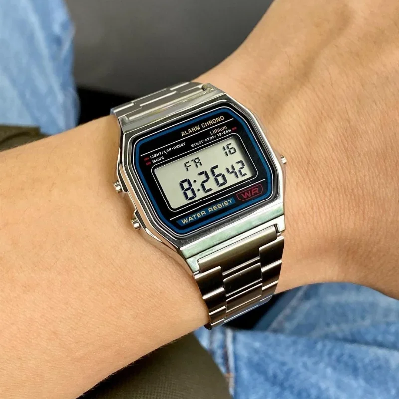 Luxo f91w banda relógio à prova dwaterproof água retro digital de aço inoxidável esportes militar relógios das mulheres dos homens relógio de pulso