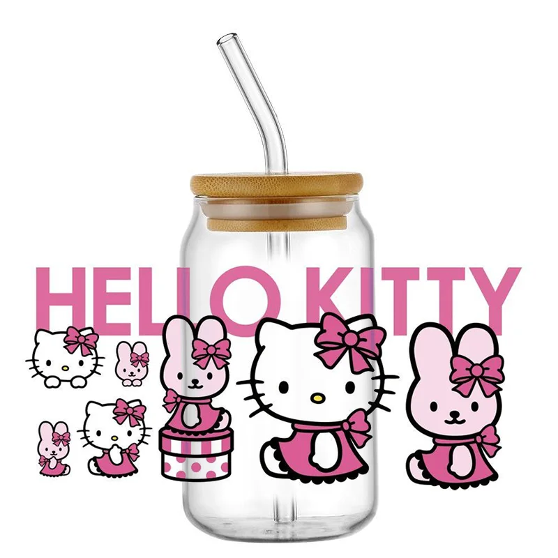 Miniso New Kawaii Hello Kitty Cartoon UV DTF Cup Wrap For 16oz Libbey Coffee Glass Can Cup Wrap Easy peel DIY Wholesale