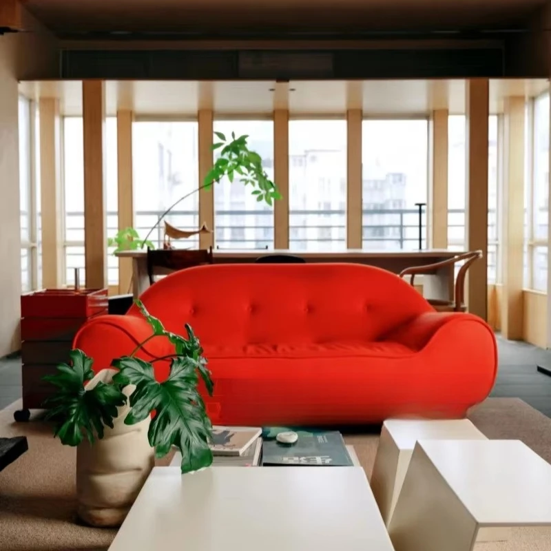 French cream, silent wind three-person curved hug velvet sofa apartment type high-density sponge
