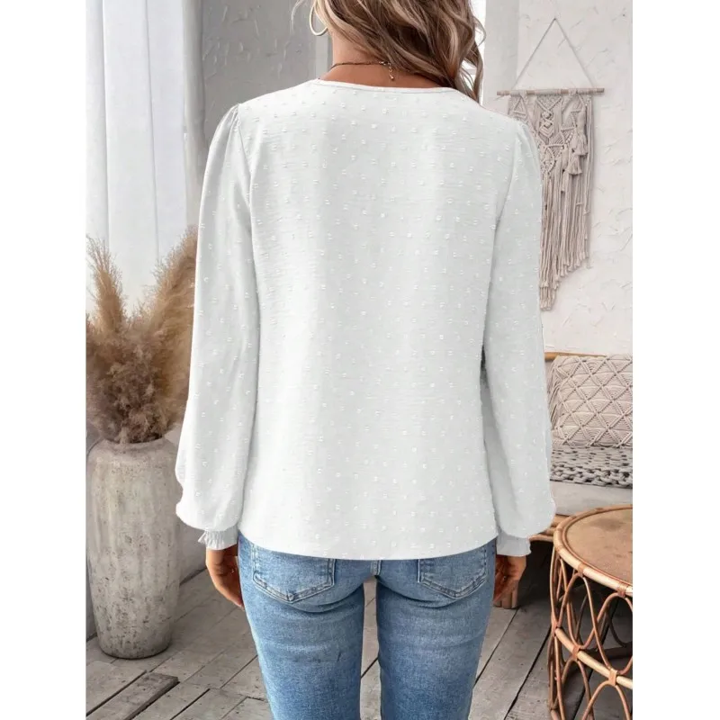 Camisa elegante con decoración de encaje calado para mujer, jersey con cuello de pico profundo, blusa femenina de Color sólido, Tops de manga larga con farol de Jacquard