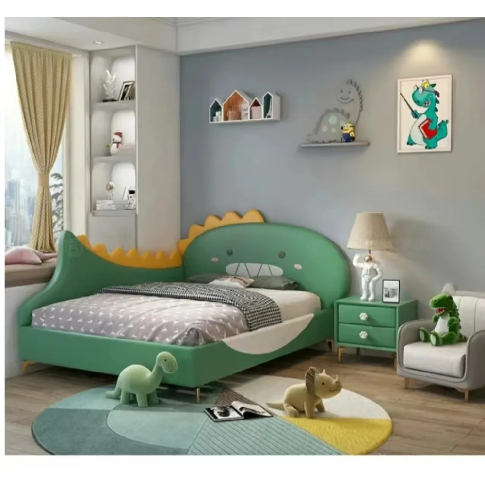 سرير أطفال حديث بتصميم ديناصور وإطار خشبي قوي ولوح رأسي مبطن ناعم لغرفة نوم الأطفال الصغار
