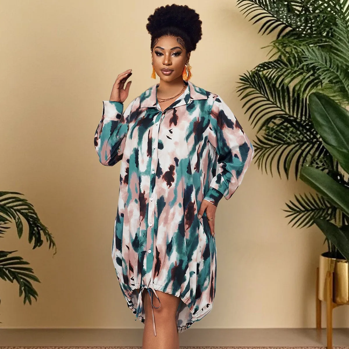 Summer Dress Woman Women's High Waist Printed Maxi Dress Button Front Abstract Print Long Dress Teal Pink Drawstring Hem