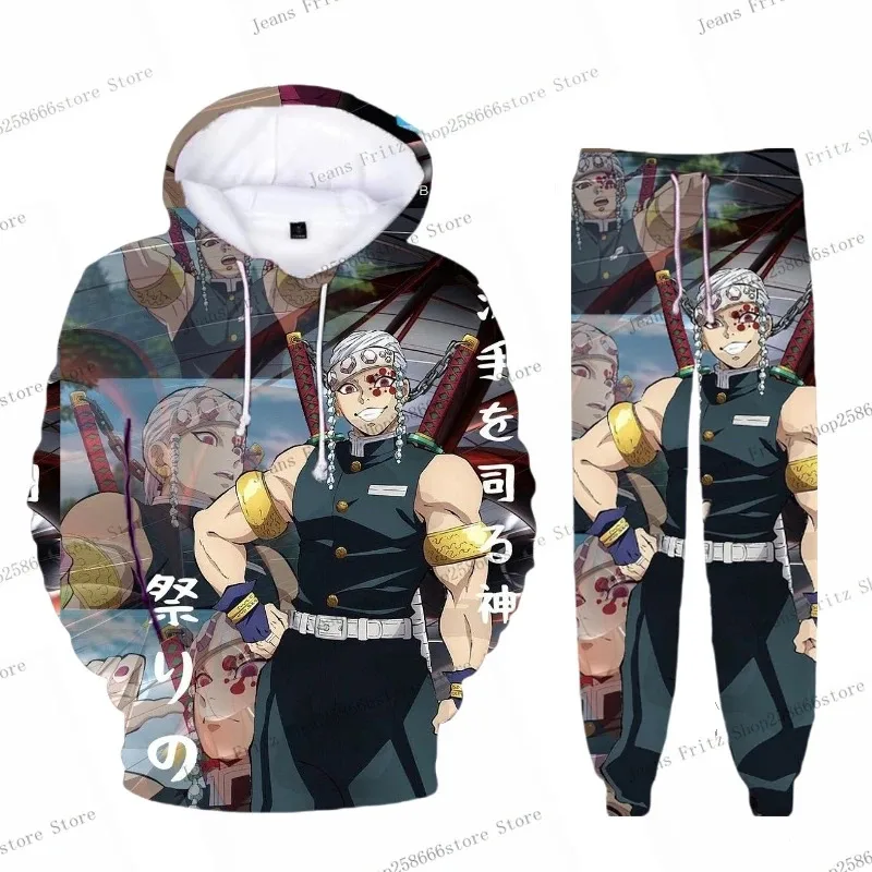 Anime Demon Slayer Hoodies 3Dการพิมพ์คอสเพลย์กางเกงHoodie 2PCSชุดTracksuitผู้ชายผู้หญิงOversize Streetwear Hoodieกางเกงชุด