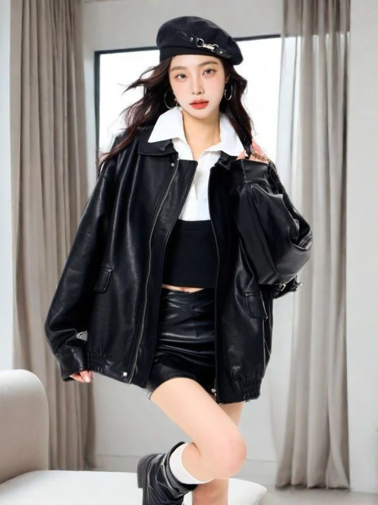 브라운 캐주얼 루즈 가죽 자켓 여성 포켓 세련된 패션 가죽 자켓 여성 2025 가을 streetwear 하이 스트리트 한국 코트