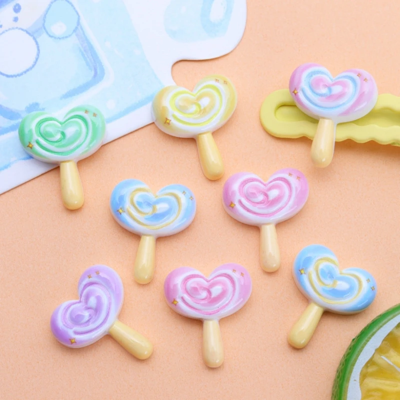 20pcs Resin Lolly Flatback Cabochons for Girls Headwear Making Lovely Rainbow Colorful Heart Shape Lollipop Embellishment Charm