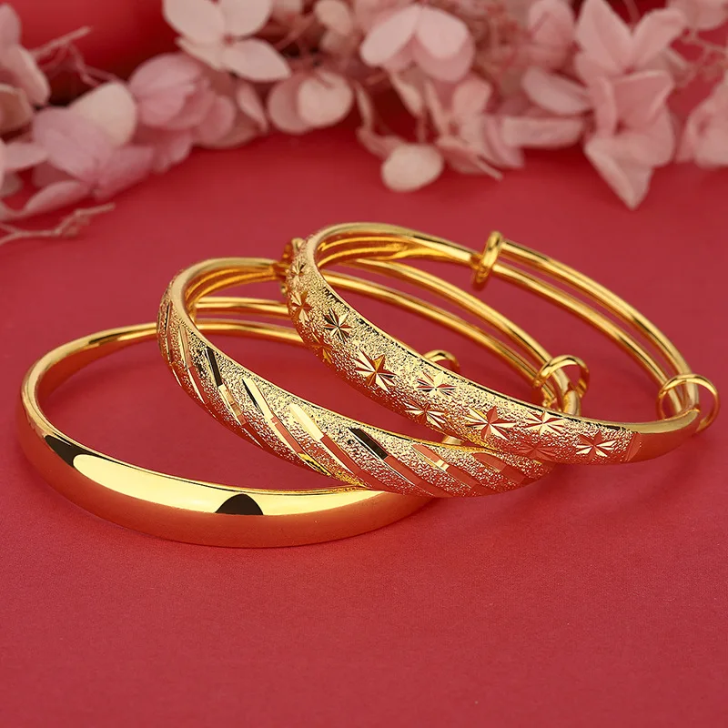 سوار نسائي واسع من الذهب عيار 24 قيراط |   AU999 ذهب نقي، تصميم أنيق لامع، ناعم وكبير، يزيد من الأناقة