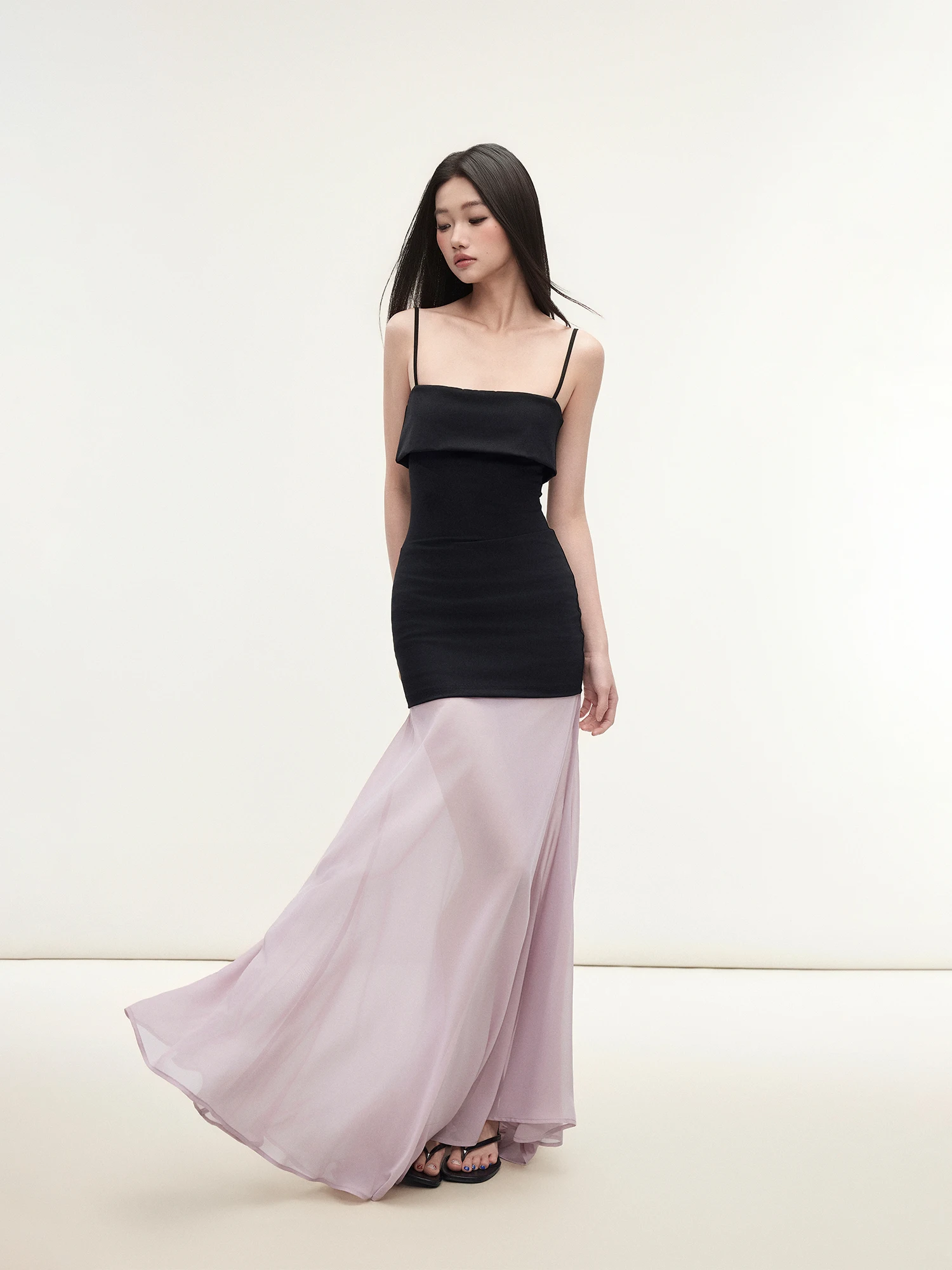 

Платье Matin Satin Patchwork Chiffon ter Ne Dr Pink с боковой молнией и двухслойной юбкой-русалкой
