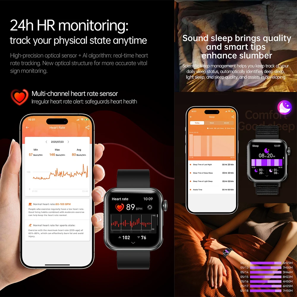 TK50 Bluetooth Calling Смарт-часы 1,72 "HD-экран Фитнес-трекер IP68 Водонепроницаемые умные часы с кровяным давлением и кислородом и пульсом