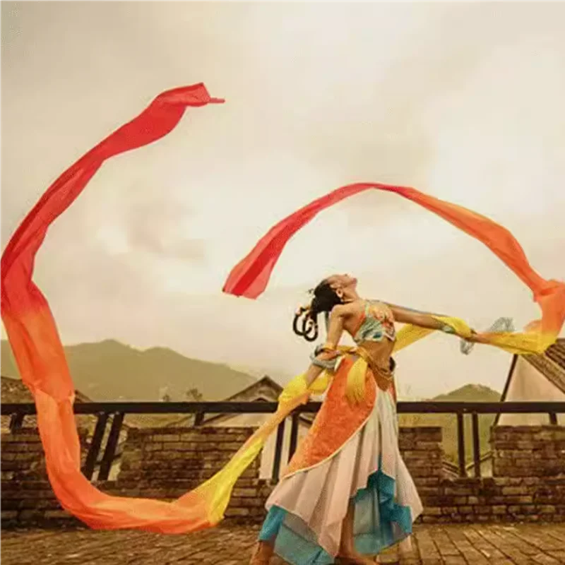 Véus de seda arco-íris, 12m, dança do ventre, folka chinesa, dançarina nacional, adereços de prática, feitian dunhuang liyugang, traje de palco