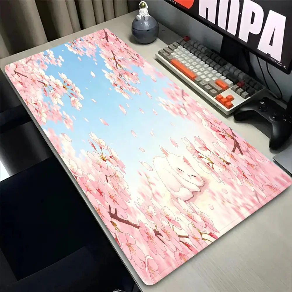 Sakura Cat Large Mouse Pad, Fresh Pink & Blue Style Thick Non-slip Desk Mat, Universal Keyboard Pad for Office & Gaming