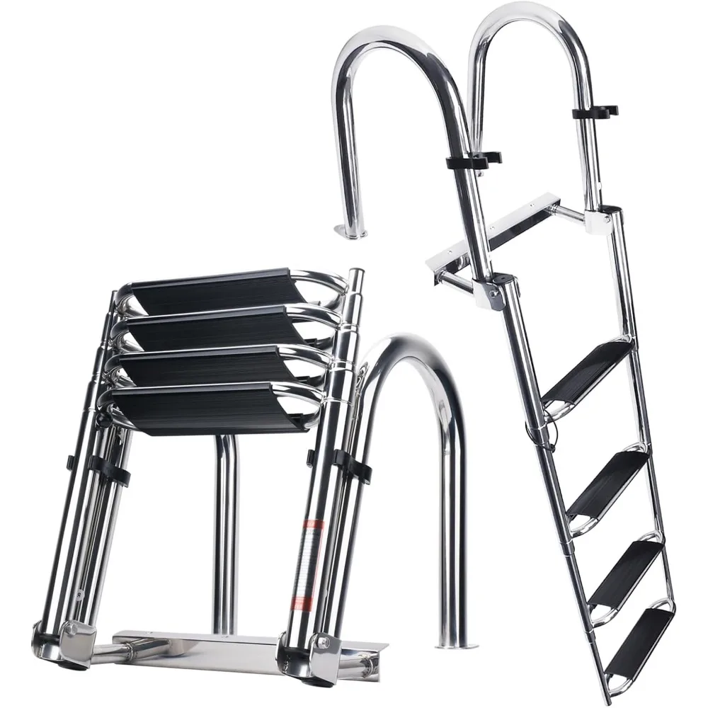 

Heavy Duty Pontoon Boat Ladder - 316 Stainless Steel 4 Step Telescoping Folding Ladder for Rear Entry Inboard Ladder, Wide Steps