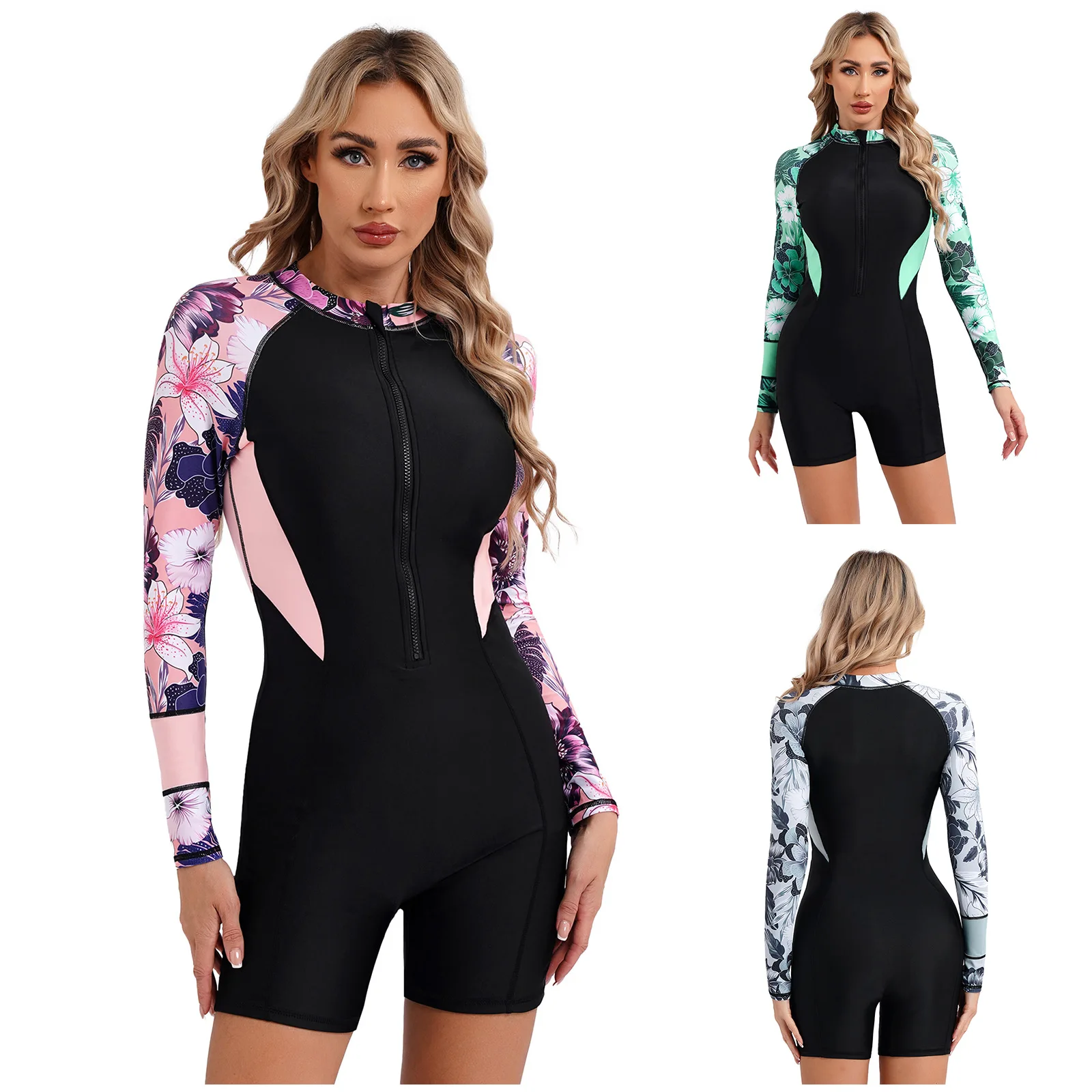 Women Floral Print Athletic Swimsuit Long Sleeve Boyleg Zipper Swimwear UPF 50+ Rash Guard Beach Surfing Wetsuit Bathing Suit