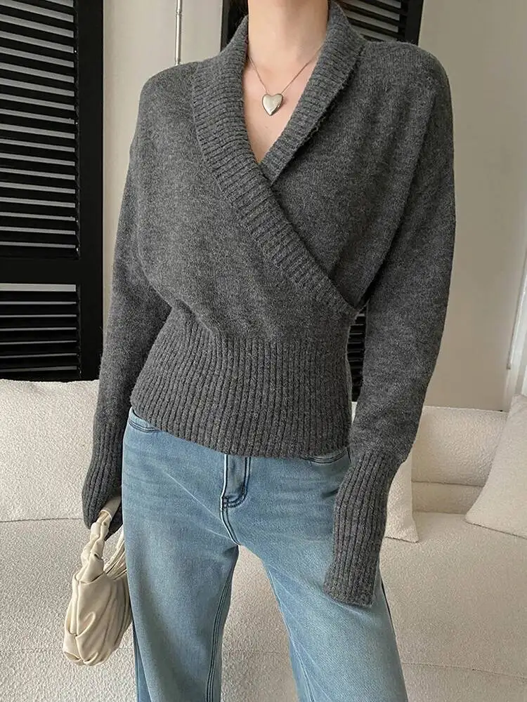 

Gray Cross Elegant Knitting Sweater V-Neck Long Sleeve Women Pullovers New Fashion Tide Spring Autumn