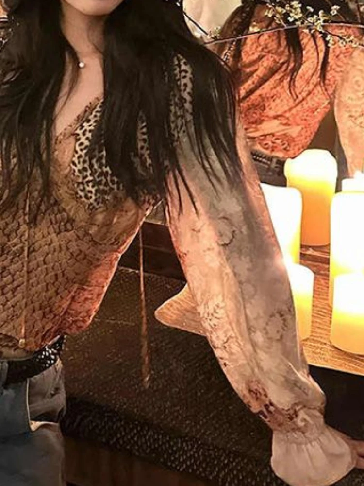 2025 mulheres y2k estética retalhos impressão camisa grunge harajuku alargamento manga blusa sexy streetwear vintage plissado blusas