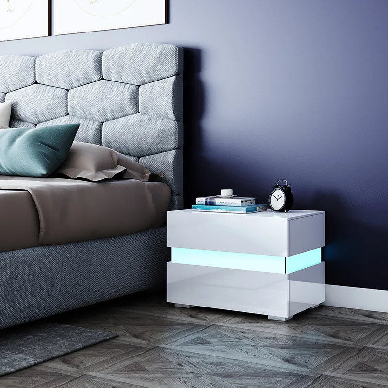 LED bedside table, white high gloss two-drawer cabinet, middle storage, modern bedroom decorative furniture side table