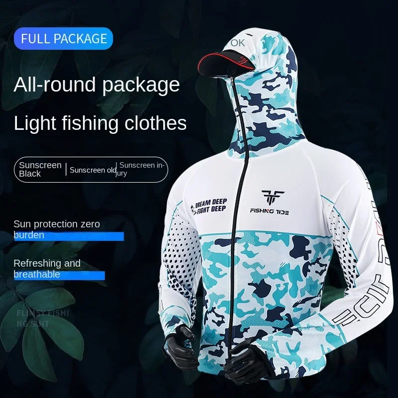 Competitive Fishing Clothes Set Camouflage Fishing Suit Men's Hooded Jacket Quick Dry Breathabl Anti-UV Fishing Shirt and Pants