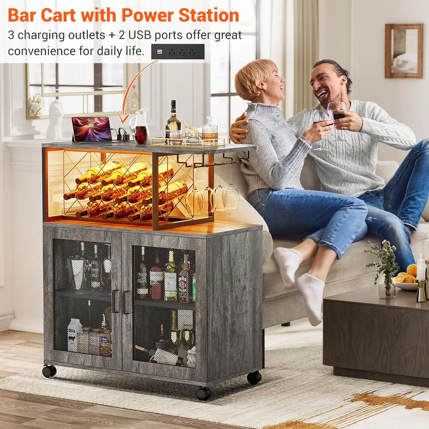 Pequeno carrinho de bar com rodas, Armário de bebidas com luz LED, Wine Bar Cabinet com Power Outlets, Mini Bar Home com Wine Rack